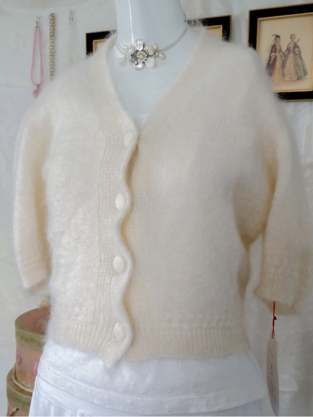 Romantic coquette minimalist timeless chic French girly mohair blend cardigan - Picture 2 of 8